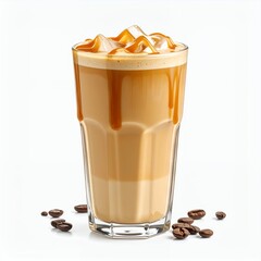Iced caramel latte refreshment with floating coffee beans isolated on white background