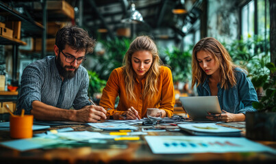 Young creative team collaborating on marketing strategy brainstorming session with papers, tablet, and coffee in modern office space with natural light and plants