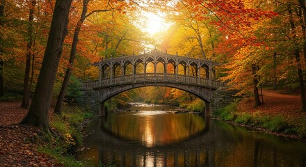 Scenic view of a stone bridge over a river in a colorful autumn forest landscape
