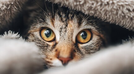 Close-up of a tabby cat with beautiful amber eyes hiding under a blanket