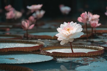 Water lilies bloom on large lily pads in a pond. Perfect for nature, serene, or zen themed project.
