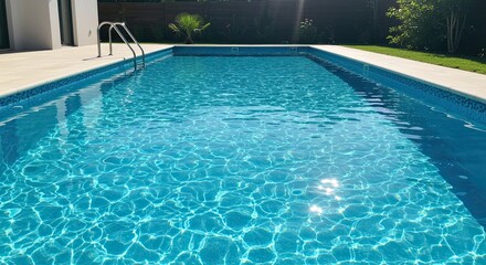 Obraz premium Serene swimming pool with clear water reflecting sunlight in summer day