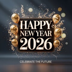 Golden Balloons and Confetti Frame Happy New Year 2026 Celebrati