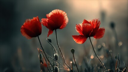 Three vibrant red poppies in soft focus with a muted, vintage aesthetic. Use this image to evoke feelings of remembrance, hope, or natural beauty.