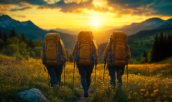 Three hikers with large backpacks trekking through mountain meadow at sunset on trail surrounded by wildflowers in scenic alpine landscape