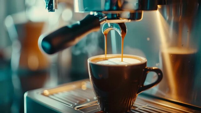 Close-up of an espresso machine pouring coffee into a cup with a warm, inviting atmosphere