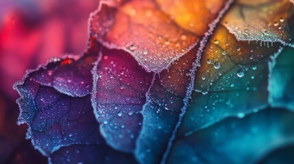 A vibrant close-up of colorful leaves adorned with droplets. The intricate patterns and hues create a stunning abstract visual. Nature meets art in perfect harmony. Generative AI