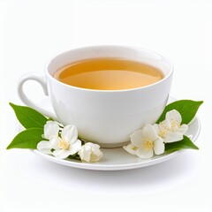 Serene cup of herbal tea with jasmine blossoms arrangement on white background