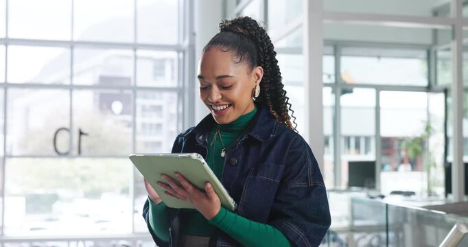 Design, smile and tablet with business black woman in office for creative process or web development. App, planning and research with African website designer at work for user interface programming