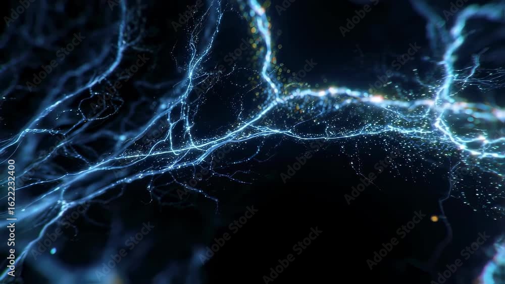 Poster highresolution microscopic view highlighting electric pulses triggering bright neural branch growth 