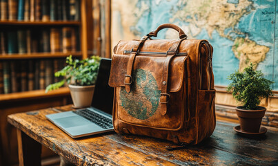 Vintage leather travel bag with world map print on wooden desk next to open laptop and potted plants in cozy study room with bookshelves and world map background for travel planning concept