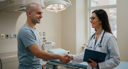Obraz premium Smiling male patient shaking hands with female doctor in modern medical examination room with bright overhead lighting. Healthcare consultation between man and physician. Professional medical service