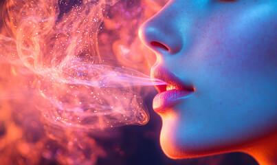 Closeup profile of young woman exhaling colorful smoke cloud with glowing particles in atmospheric lighting for sensory experience concept