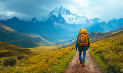 Solo hiker with orange backpack walking on mountain trail through grassy valley with snow-capped peaks in background under cloudy sky in outdoor adventure landscape