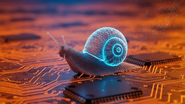 A snail on a circuit board with a glowing shell