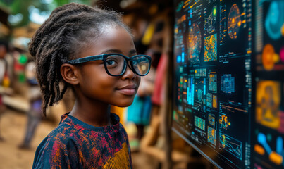 African child wearing glasses analyzing futuristic digital data on transparent screen in outdoor market setting with technology and innovation concept