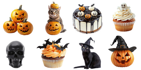 Halloween set of elements isolated on transparent background PNG. Cat with pumpkin, Halloween pumpkins, skull, pumpkin cake, ghost cupcake