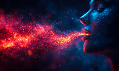 Abstract visualization of voice sound waves emitting vibrant red particles from human face profile in dark atmospheric background concept for voice cloning technology and sound energy transmission