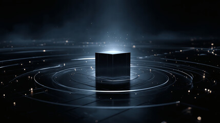 A central, brightly glowing cube hologram, representing a data core, has smaller, simple light particles orbiting it in clean, perfect circles, like electrons.