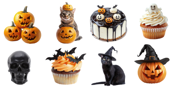 Halloween set of elements isolated on transparent background PNG. Cat with pumpkin, Halloween pumpkins, skull, pumpkin cake, ghost cupcake