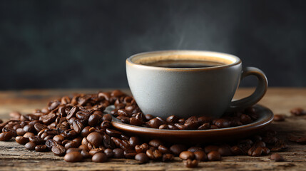 A steaming cup of coffee surrounded by roasted coffee beans on a rustic wooden table