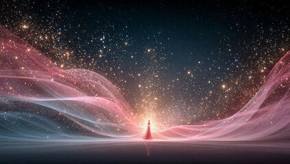 星空の中に立つドレスの女性