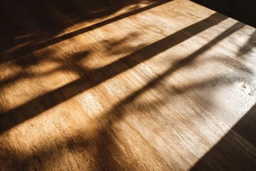 Sunlight casts shadows across a beautiful, wooden table surface. Use as a background or texture for your next design project.