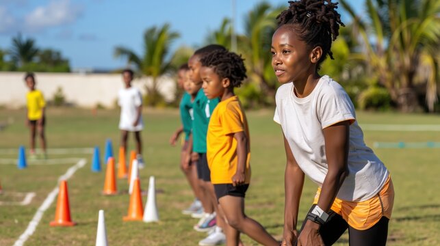 children sports training field cones physical education outdoor activity fitness. Kids running exercises athletics program school playground development coordination skills. Youth sports