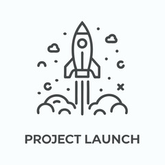 A minimalist line rocket is taking off amid clouds and stars upward