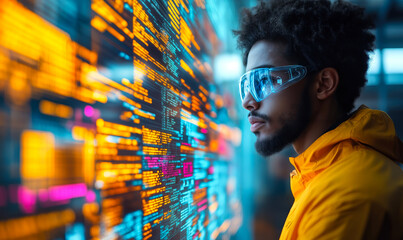 Software developer wearing protective glasses analyzing colorful AI code on transparent digital screen in modern workspace technology concept