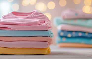 Neatly folded baby clothes on wooden table with bokeh lights