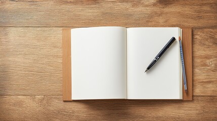 Minimalist wooden desk with an open notebook and writing tools, showcasing simplicity and productivity.