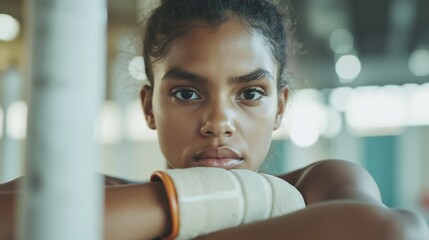 Beautiful african american woman gym boxing gloves focused determined fitness training. Female athlete concentrated exercise motivation strength power workout. Sports fitness concept