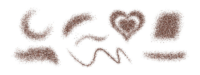 Coffee powder abstract shapes collection. Realistic 3D granule splashes in heart, curve, swirl, and spot forms. Vector dust texture set