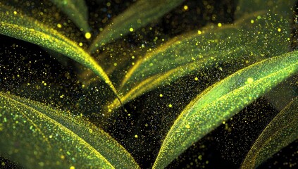 Abstract image of glowing, vibrant green leaves with gold glitter