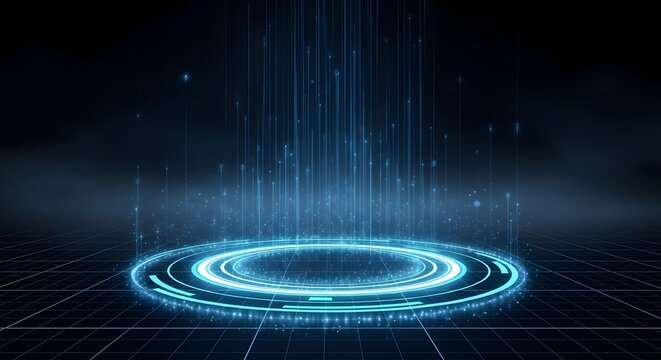 Vibrant photo of background podium 3d light game circle blue neon stage screen hologram platform. Virtual 3D podium hud design technology background portal cyber tech cyberpunk