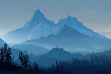 Misty blue mountain range and forest with evergreen trees in a layered landscape. Ideal for backgrounds or to convey peace, adventure, and majestic scenery.
