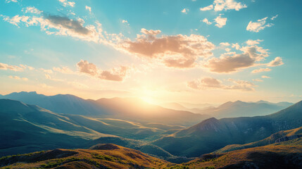 Stunning sunrise over mountain landscape with golden light and clouds for nature inspiration travel blog or outdoor adventure branding
