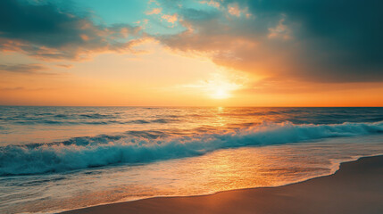Vibrant sunset over tropical ocean waves with golden sky and beach for vacation relaxation summer travel and lifestyle marketing use