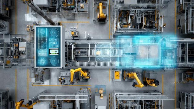 Robotic arms working on a production line in a smart factory are monitored by artificial intelligence and augmented reality systems, increasing efficiency and optimizing processes