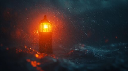 A striking lighthouse stands tall amidst stormy waves. The orange glow pierces the dark ambiance. Symbol of hope and guidance in tumultuous seas. Generative AI