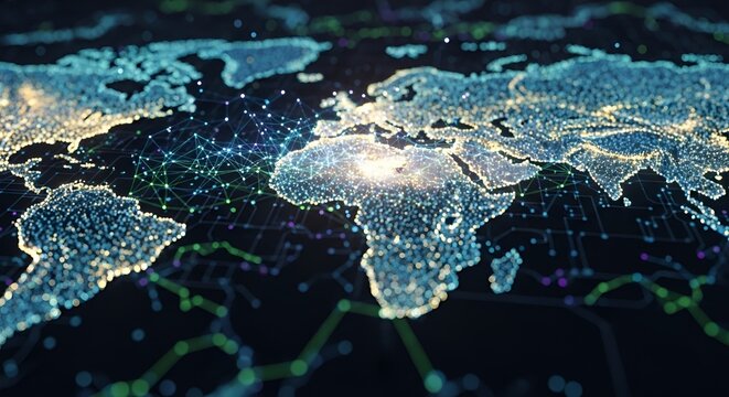Global network map, abstract representation of interconnected continents, data visualization. - Powered by Adobe