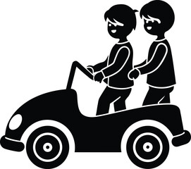 Kids using an electric toy car silhouette.
