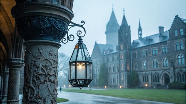 Ornate lantern on a gothic building facade on a misty day