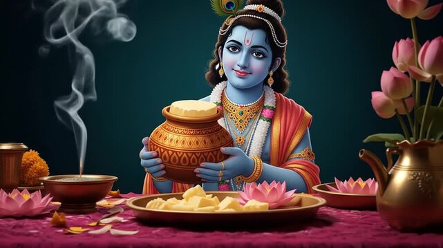 Divine Krishna Holds Butter Pot Amidst Incense Smoke and Lotus Flowers, Celebrating Spirituality