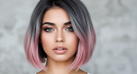 A woman's headshot showcasing a bold, contemporary bob hairstyle with a striking gray and pink palette.

