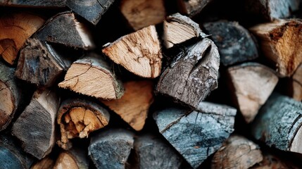Pile of chopped firewood, showing natural wood grain and textures. Great for use as background or illustrating rustic themes and concepts.