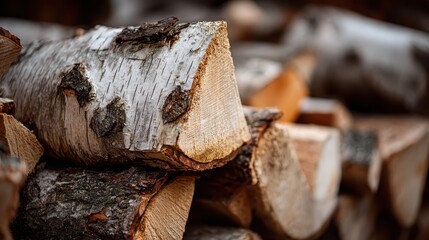 Pile of chopped birch firewood logs, ready for winter and home heating. Use it for design projects that evoke warmth, comfort, or rustic living.