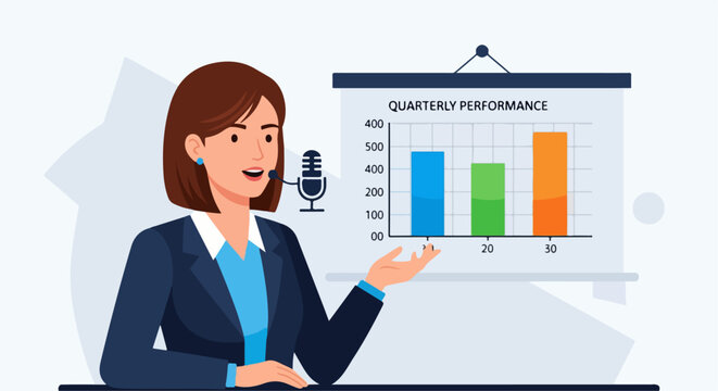 Businesswoman presenting quarterly performance chart at conference - Powered by Adobe