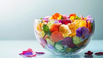 A vibrant bowl filled with colorful fruit and flower petals. This image captures freshness and elegance. Perfect for food art or culinary inspirations. Generative AI